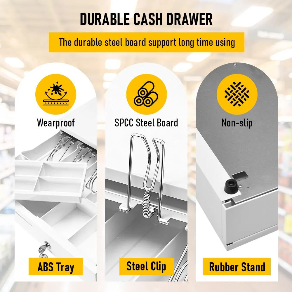 Heavy Duty Metal Cash Drawer, 5 Note & 6 Coin Trays,White(40.5x42x11.2cm) - Image 8