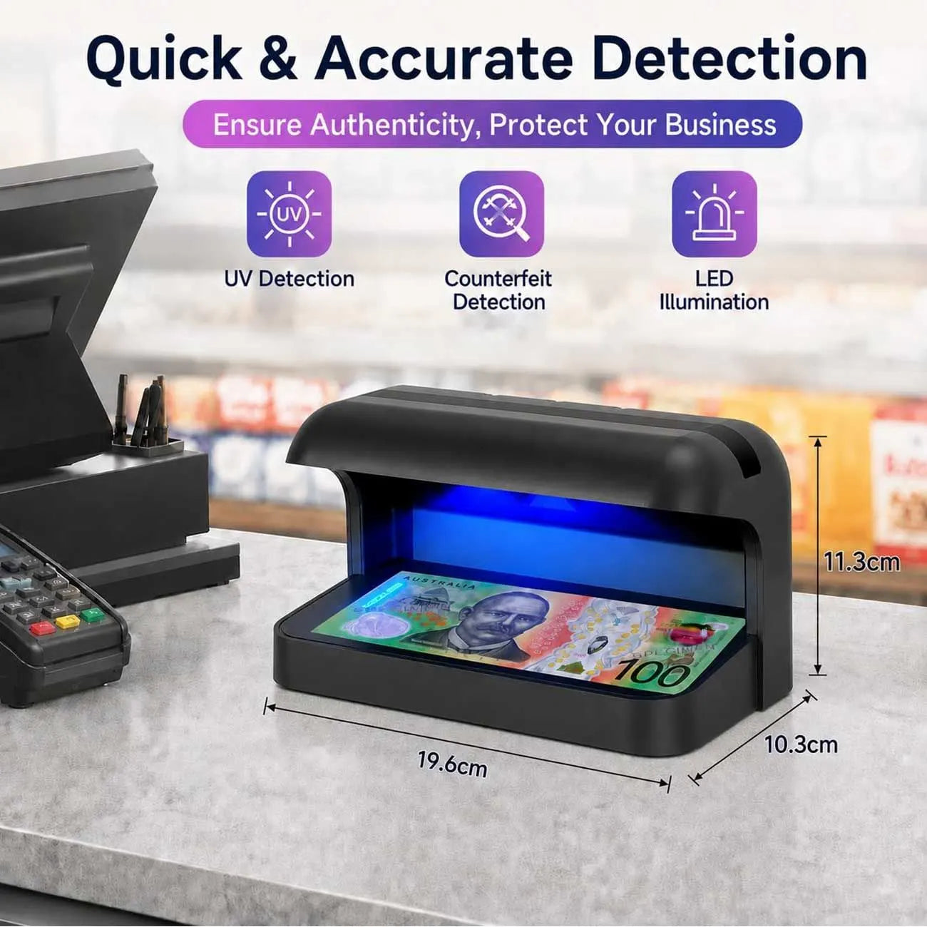 365nm UV Money Detector with Auto Sensor, Counterfeit Currency Verifier, Banknote & Document Checker for AUD, USD, EUR, GBP, CNY & More - Image 2
