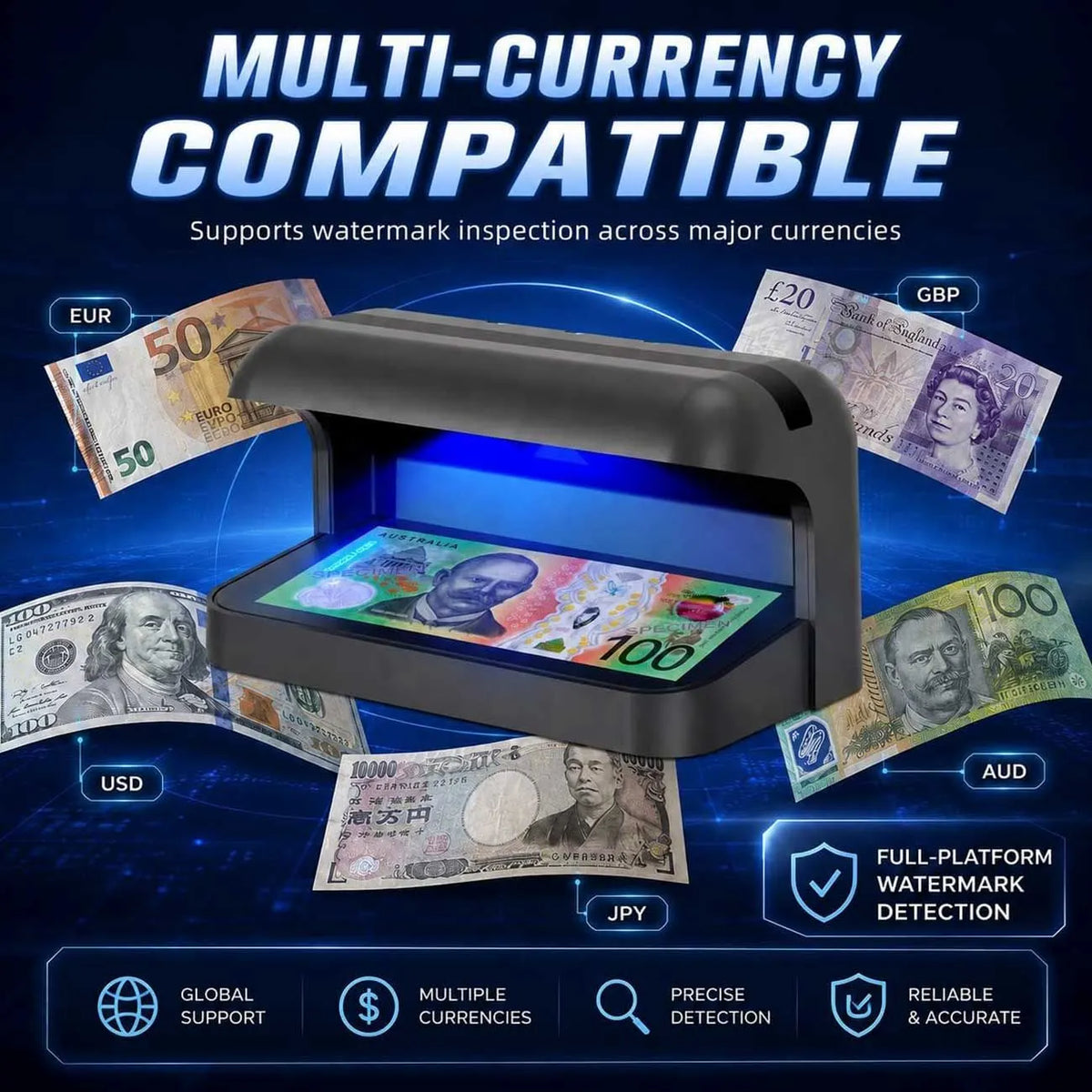 365nm UV Money Detector with Auto Sensor, Counterfeit Currency Verifier, Banknote & Document Checker for AUD, USD, EUR, GBP, CNY & More - Image 6