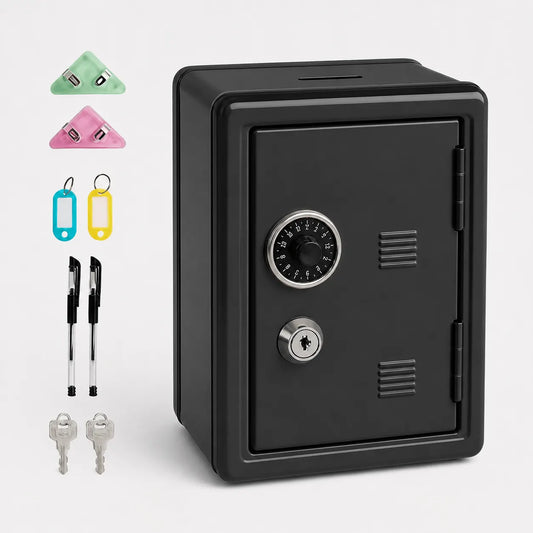 Lockable Metal Money Box, Cash & Coin Storage Box with Key Lock, Compact Piggy Bank for For Kids & Adults, Office & Small Valuables-Black