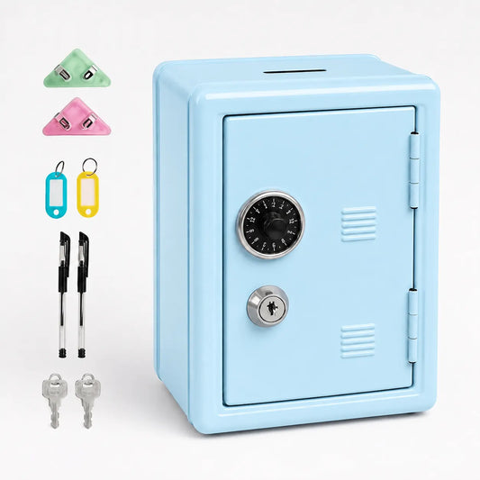 Lockable Metal Money Box, Cash & Coin Storage Box with Key Lock, Compact Piggy Bank for For Kids & Adults, Office & Small Valuables-Light Blue