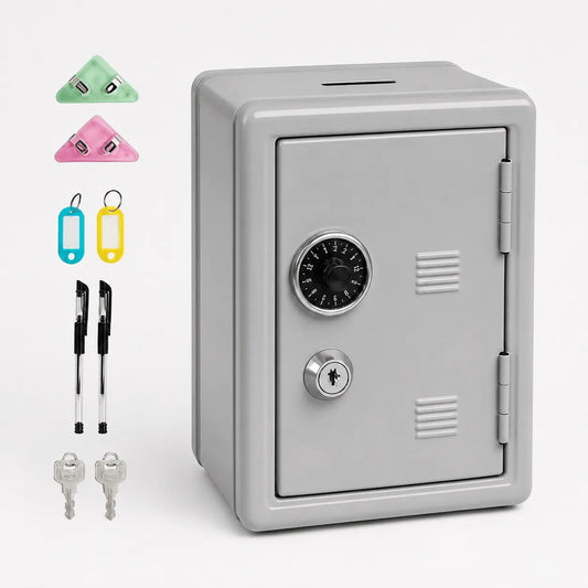 Lockable Metal Money Box, Cash & Coin Storage Box with Key Lock, Compact Piggy Bank for For Kids & Adults, Office & Small Valuables-Grey