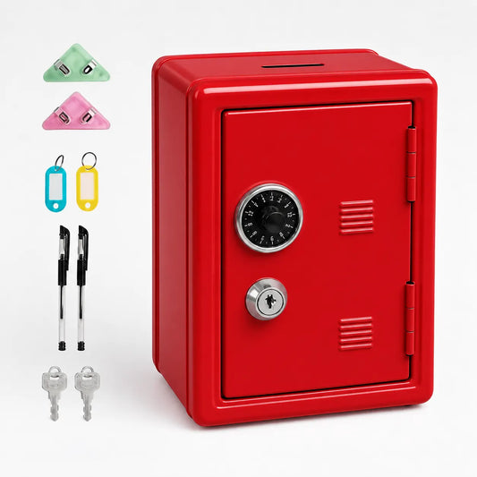 Lockable Metal Money Box, Cash & Coin Storage Box with Key Lock, Compact Piggy Bank for For Kids & Adults, Office & Small Valuables-Red