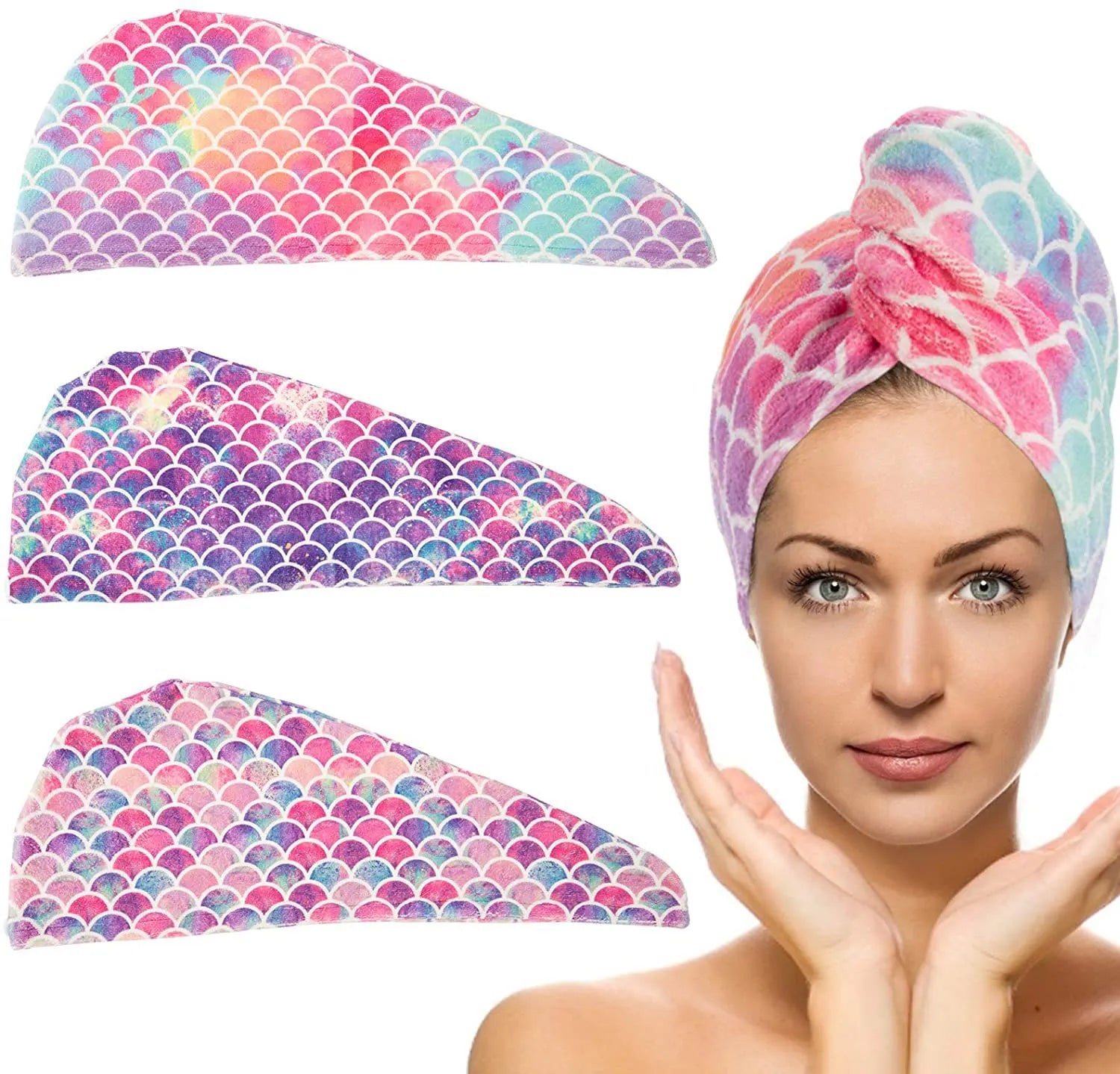 Fast Dry Microfiber Hair Drying Towel Turban Bath Head Wrap Hat Spa Fish Scales