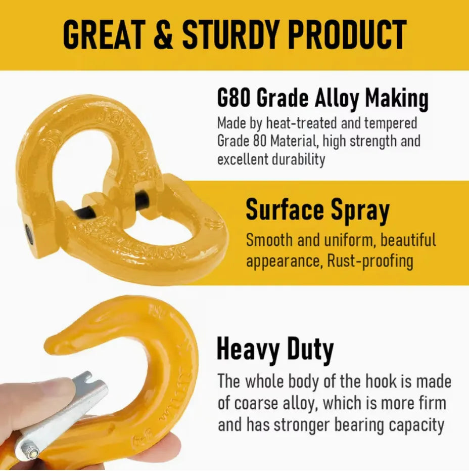 2SET 1.12T Sling Hook Heavy Duty Hammerlock/Slip Hook Kit With Swivel Winch & Safety Latch-Yellow - Image 2