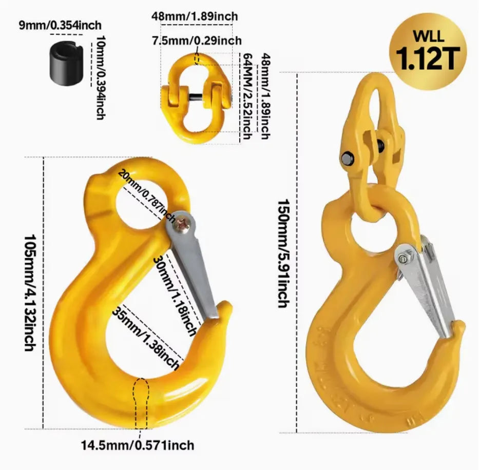 2SET 1.12T Sling Hook Heavy Duty Hammerlock/Slip Hook Kit With Swivel Winch & Safety Latch-Yellow - Image 3