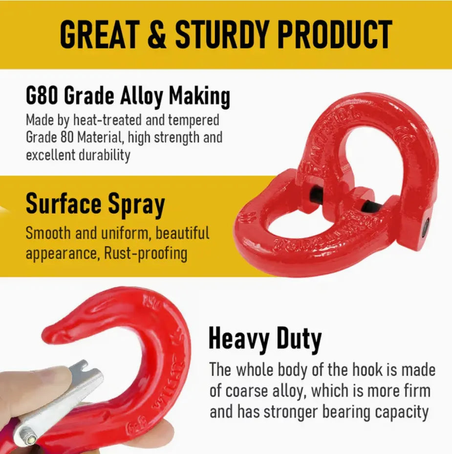 2SETS 2T Sling Hook With Hammerlock Heavy Duty Safety Latch Swivel Winch Hook For Trailer Safety Chain-Red - Image 3