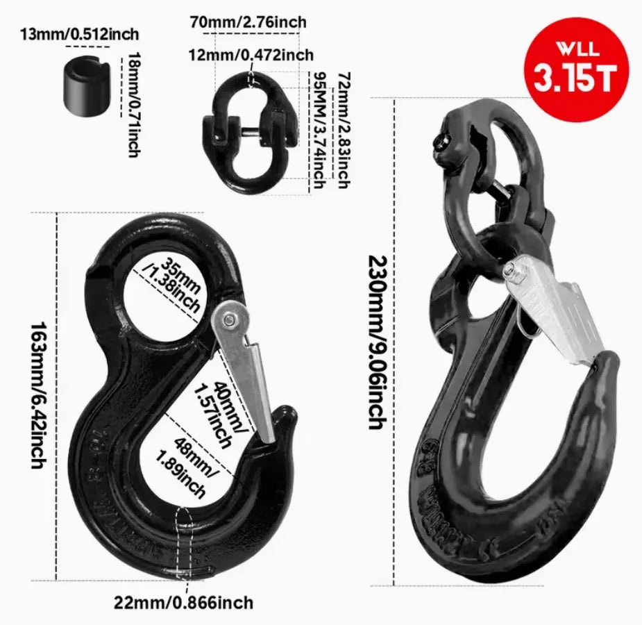 2SET 3.15T Sling Hook Heavy Duty Hammerlock/Slip Hook Kit With Swivel Winch & Safety Latch-Black - Image 2