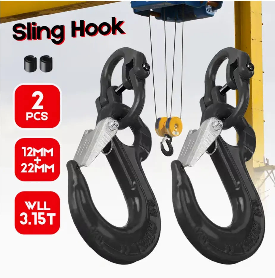 2SET 3.15T Sling Hook Heavy Duty Hammerlock/Slip Hook Kit With Swivel Winch & Safety Latch-Black - Image 4