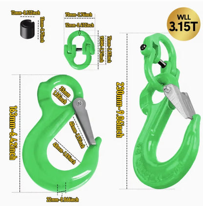 2SET 3.15T Sling Hook Heavy Duty Hammerlock/Slip Hook Kit With Swivel Winch & Safety Latch-Green - Image 2