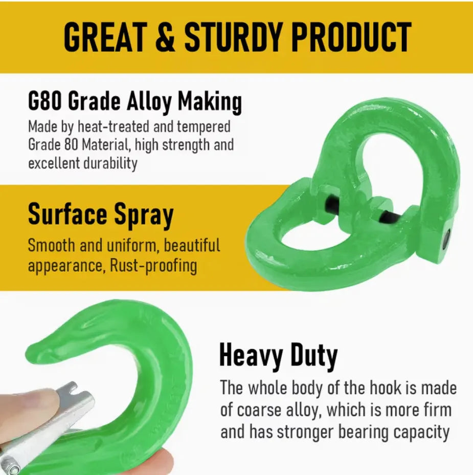 2SET 3.15T Sling Hook Heavy Duty Hammerlock/Slip Hook Kit With Swivel Winch & Safety Latch-Green - Image 3
