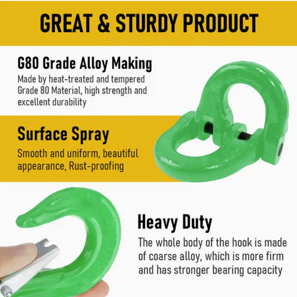 2SET 3.15T Sling Hook Heavy Duty Hammerlock/Slip Hook Kit With Swivel Winch & Safety Latch-Green - Image 3