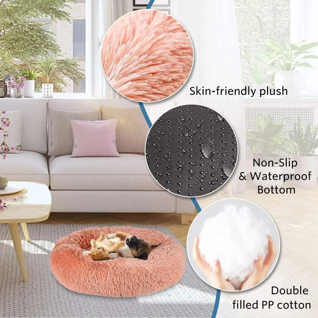 Plush Donut Faux Fur Calming Pet Nest - Salmon Pink - L - Image 3
