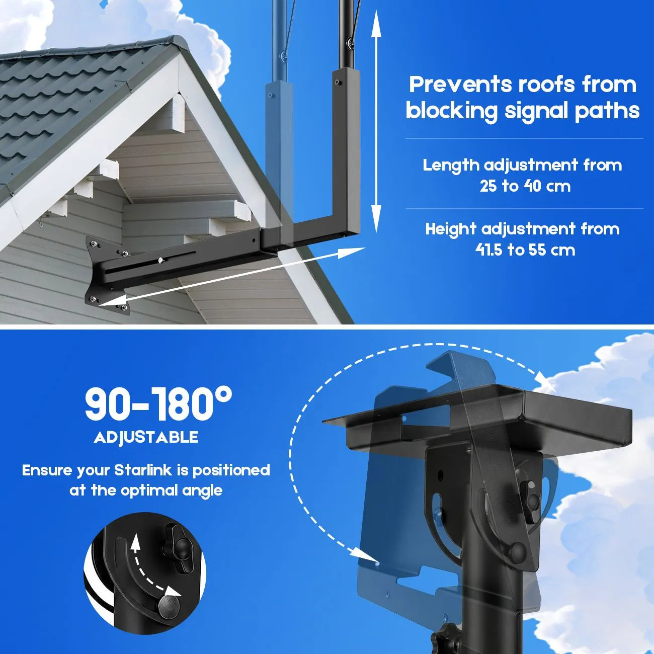 Long Arm Mount for Starlink Gen 3 Standard, Adjustable Telescoping Roof & Wall Bracket, 90°–180° Angle, 25–40cm Extension, Heavy-Duty Weather-Resistant - Image 7