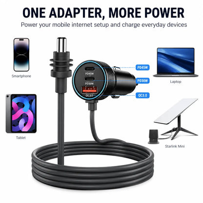 Aumerage Car Charger for Starlink Mini, DC Cable & Cigarette Adapter 3M | 3-in-1 12V-24V USB-C USB QC 3.0 + 45W/30W PD, 16AWG Waterproof  for Camping, RV & Off-Grid - Image 3