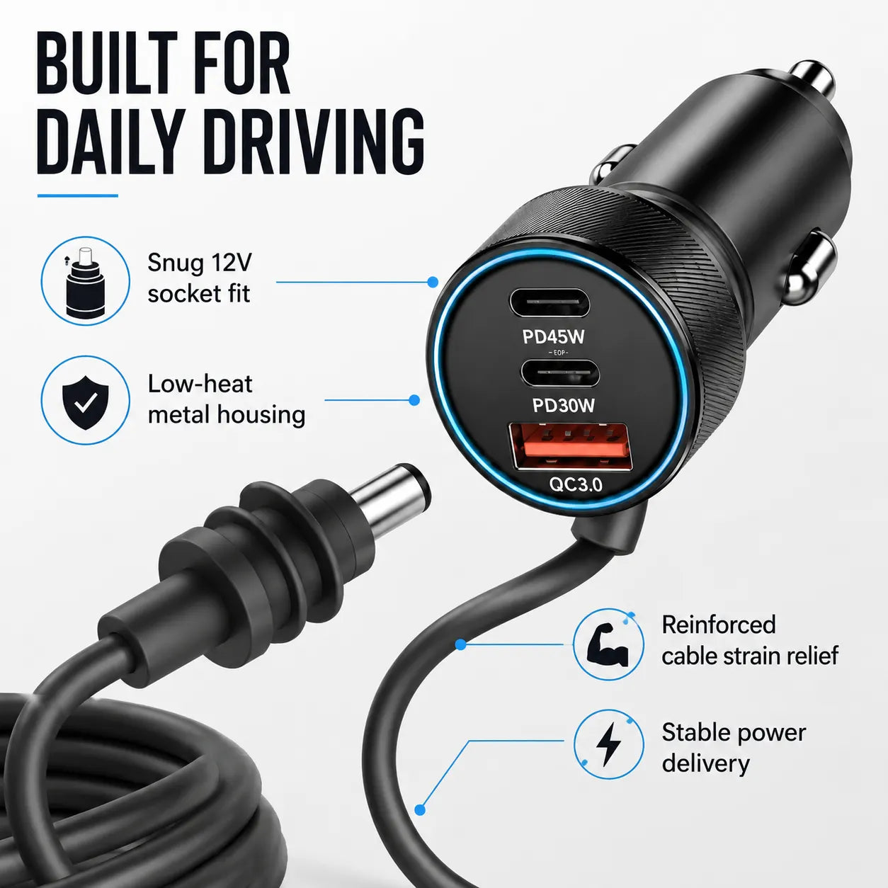 Aumerage Car Charger for Starlink Mini, DC Cable & Cigarette Adapter 3M | 3-in-1 12V-24V USB-C USB QC 3.0 + 45W/30W PD, 16AWG Waterproof  for Camping, RV & Off-Grid - Image 9