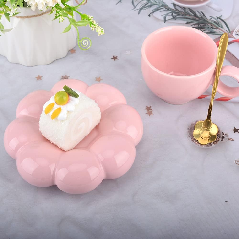 Cute Pink Ceramic Coffee Cup with Saucer Flower Spoon and Sunflower Coaster - Image 3