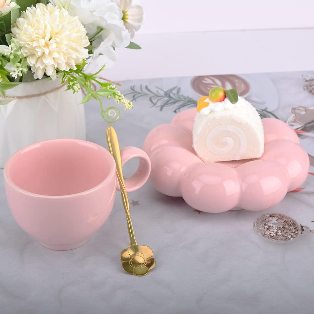 Cute Pink Ceramic Coffee Cup with Saucer Flower Spoon and Sunflower Coaster - Image 4