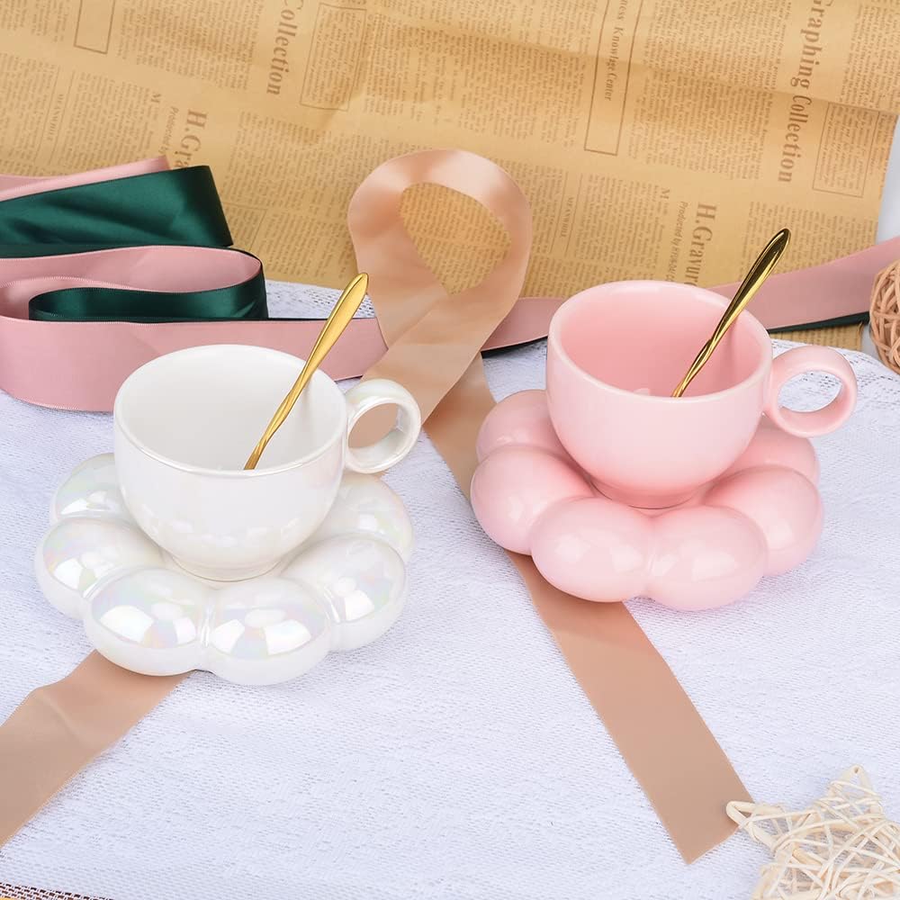 Cute Pink Ceramic Coffee Cup with Saucer Flower Spoon and Sunflower Coaster - Image 6