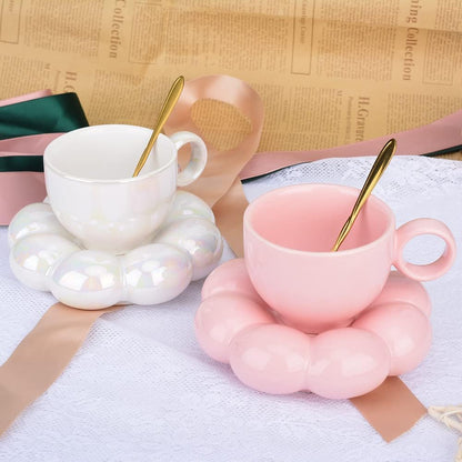 Cute Pink Ceramic Coffee Cup with Saucer Flower Spoon and Sunflower Coaster - Image 7