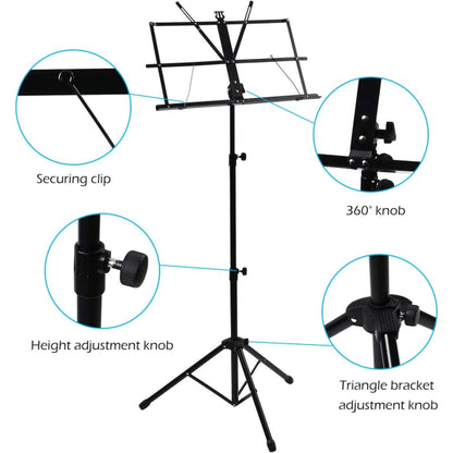 Adjustable Music Stand Portable Foldable Metal Stand with Carrying Bag Lightweight for Travel Storage Black - Image 4