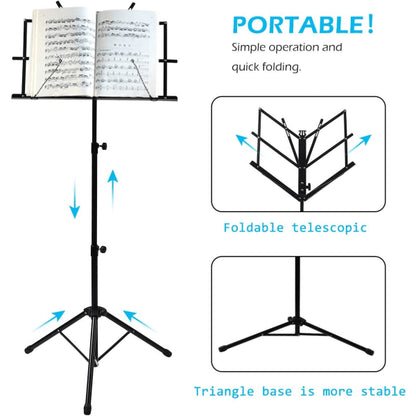 Adjustable Music Stand Portable Foldable Metal Stand with Carrying Bag Lightweight for Travel Storage Black - Image 5