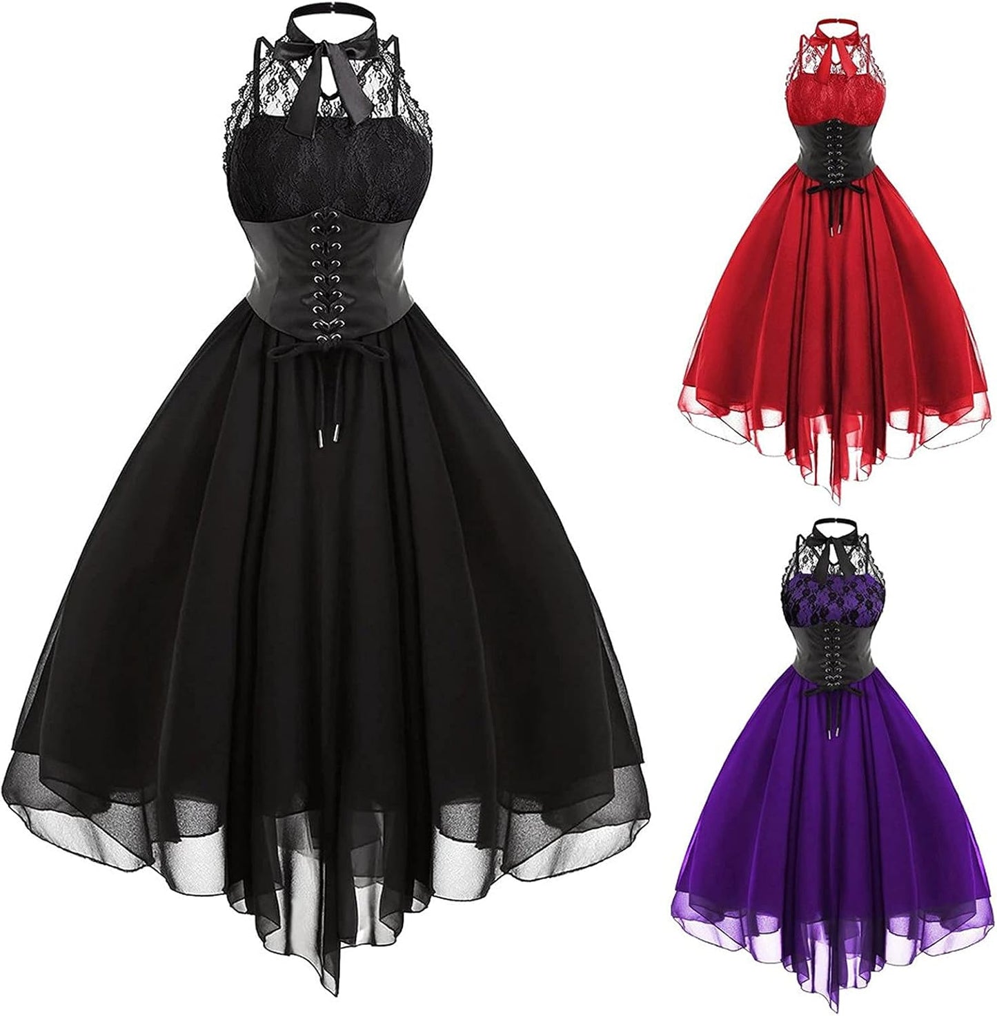 Sleeveless Gothic Lace Dress for Women 80s Party Dress Corset Halter Lace Swing Cocktail Purple XXL - Image 4