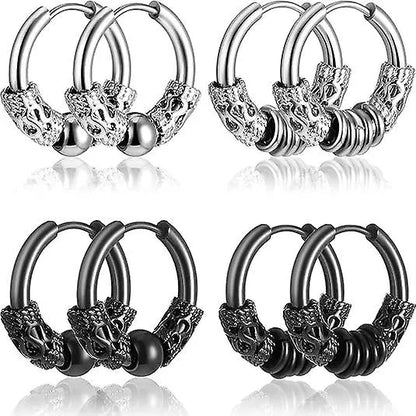 14mm Men's Titanium Steel Hoop Earrings Set - Black & Silver, Punk Rock Style