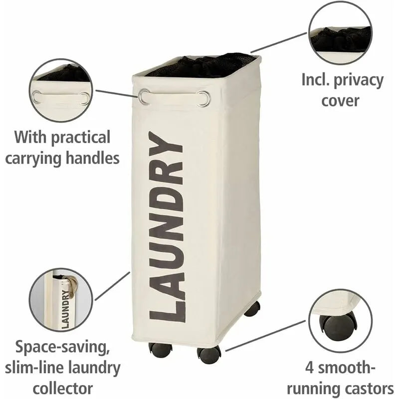 narrow laundry basket, laundry basket on wheels, Corno beige, Polyester, 43 l, 18.5 x 60 x 40 cm - Image 2