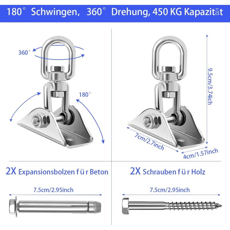 Stainless Steel Ceiling Mount Hanging Chair Spring Hook Kit, 360° Rotation, 450 kg Capacity - Image 3