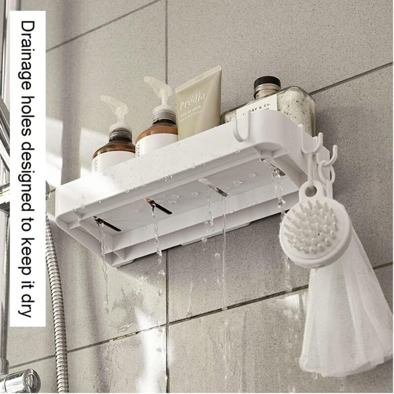 Set of 2 shower shelves, shower shelf without drilling, wall shelf with 6 removable hooks, for bathroom, kitchen, white - Image 3