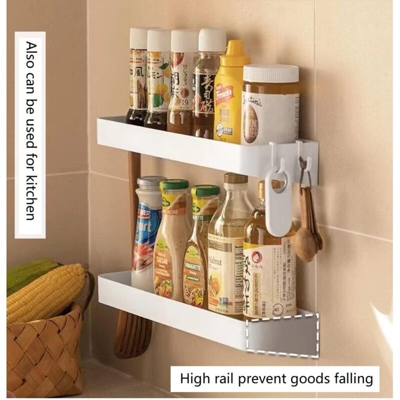 Set of 2 shower shelves, shower shelf without drilling, wall shelf with 6 removable hooks, for bathroom, kitchen, white - Image 4
