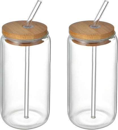 Beer Can Shaped Glass with Bamboo Lid and Straw 500ml 2 pcs for Coffee Milk Cocktail