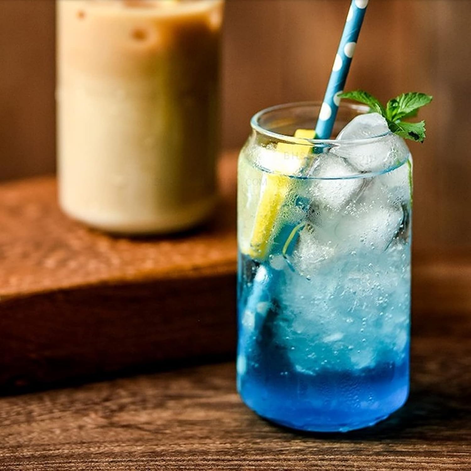 Beer Can Shaped Glass with Bamboo Lid and Straw 500ml 2 pcs for Coffee Milk Cocktail - Image 3