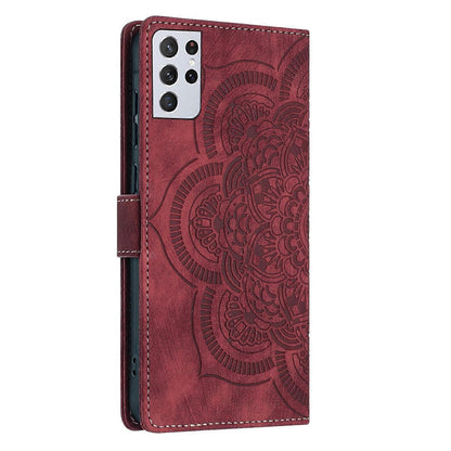 Compatible with Samsung Galaxy S21 Ultra 5G Case Red Mandala Embossed Retro Frosted Leather Phone Cover - Image 3
