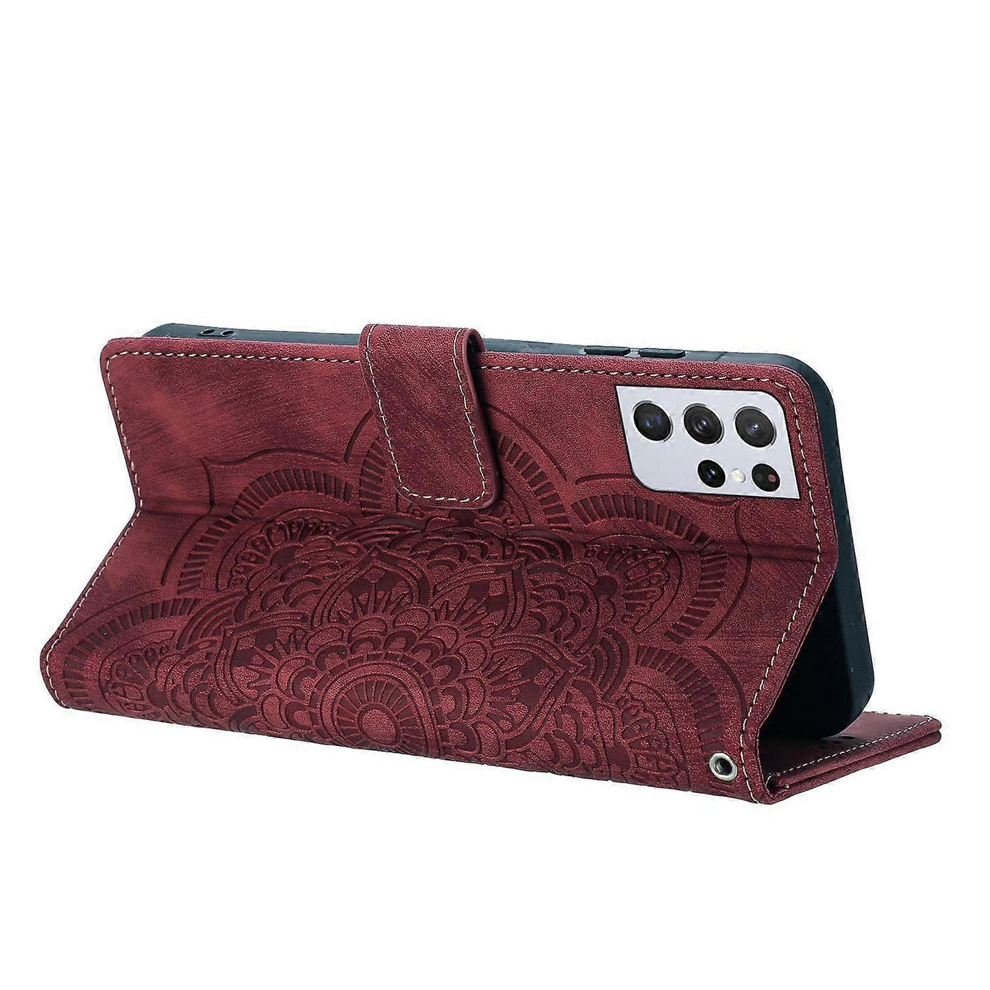 Compatible with Samsung Galaxy S21 Ultra 5G Case Red Mandala Embossed Retro Frosted Leather Phone Cover - Image 4