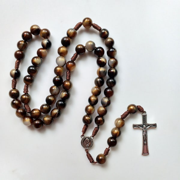Crucifix Rosary Beads Necklace Medal Chain Pendant Necklace Brown Acrylic Beads Long Chain Pray Jewelry Gift - Image 5