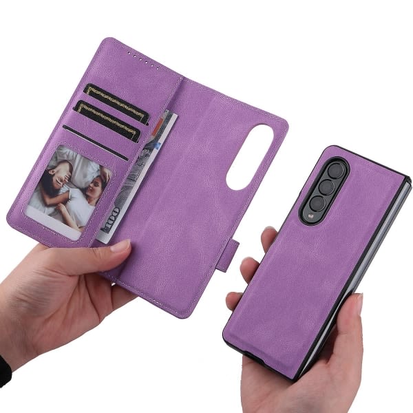 Compatible with Samsung Galaxy Z Fold 3 Case, Magnetic Leather Protective Cover with Card Slot \u0026 Stand, Samsung, Blue - Image 3