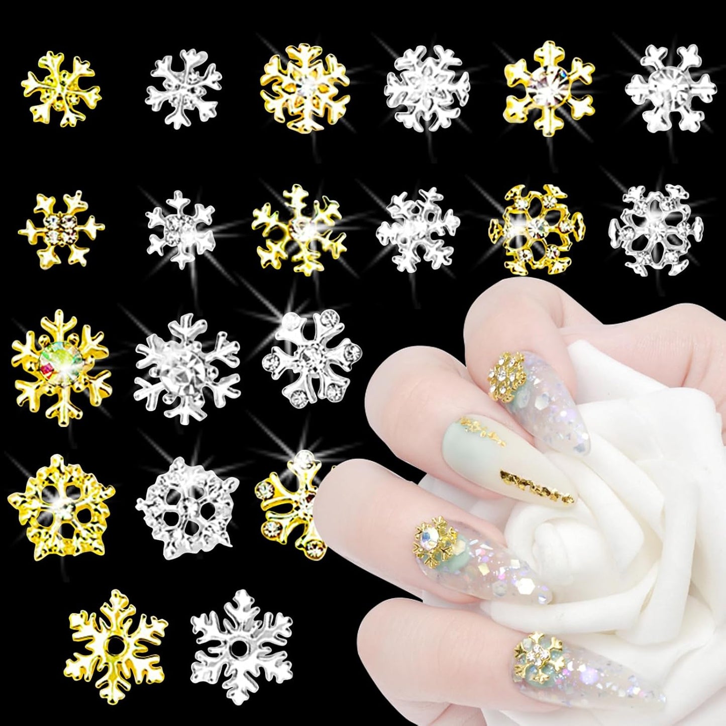 20pcs Snowflake Nail Charms with Rhinestones Silver Gold Christmas Decorations Alloy Nail Jewelry Snowflake Nails Design 3D Charms for Nails Decor DIY Craft Home&Salon - Image 4
