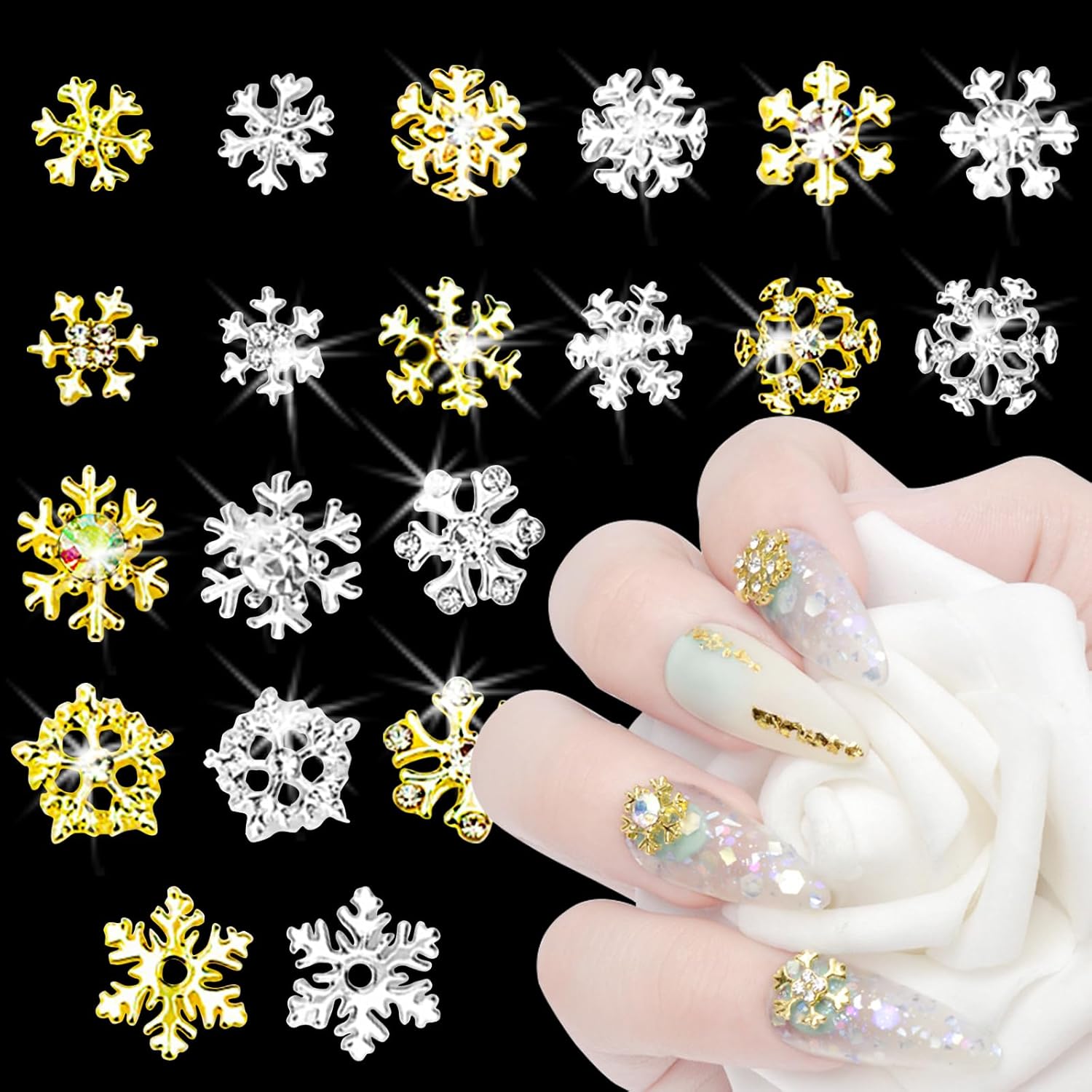 20pcs Snowflake Nail Charms with Rhinestones Silver Gold Christmas Decorations Alloy Nail Jewelry Snowflake Nails Design 3D Charms for Nails Decor DIY Craft Home&Salon - Image 4