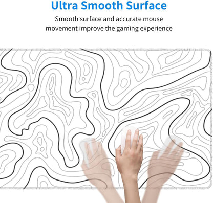 Abstract Topographic Map White Grey Black Gaming Mouse Pad Long Mouse Pad Large Desk Mat 31.5 X 11.8 Inch Mousepad with Non-Slip Base Stitched Edge Keyboard Mat for Gaming Office - Image 2