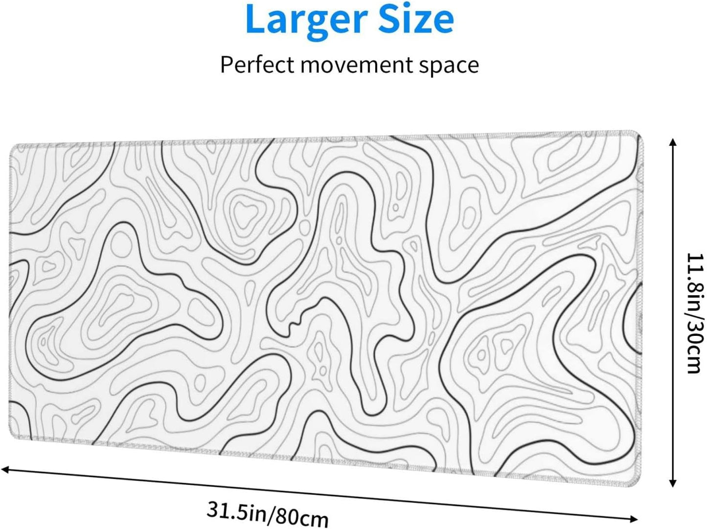 Abstract Topographic Map White Grey Black Gaming Mouse Pad Long Mouse Pad Large Desk Mat 31.5 X 11.8 Inch Mousepad with Non-Slip Base Stitched Edge Keyboard Mat for Gaming Office - Image 3