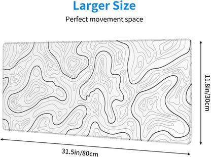Abstract Topographic Map White Grey Black Gaming Mouse Pad Long Mouse Pad Large Desk Mat 31.5 X 11.8 Inch Mousepad with Non-Slip Base Stitched Edge Keyboard Mat for Gaming Office - Image 3