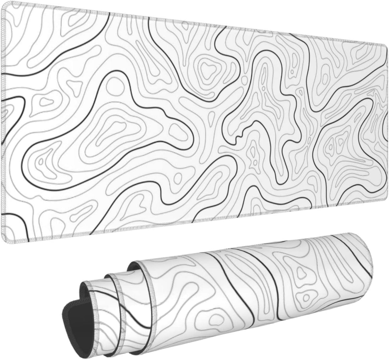 Abstract Topographic Map White Grey Black Gaming Mouse Pad Long Mouse Pad Large Desk Mat 31.5 X 11.8 Inch Mousepad with Non-Slip Base Stitched Edge Keyboard Mat for Gaming Office - Image 4