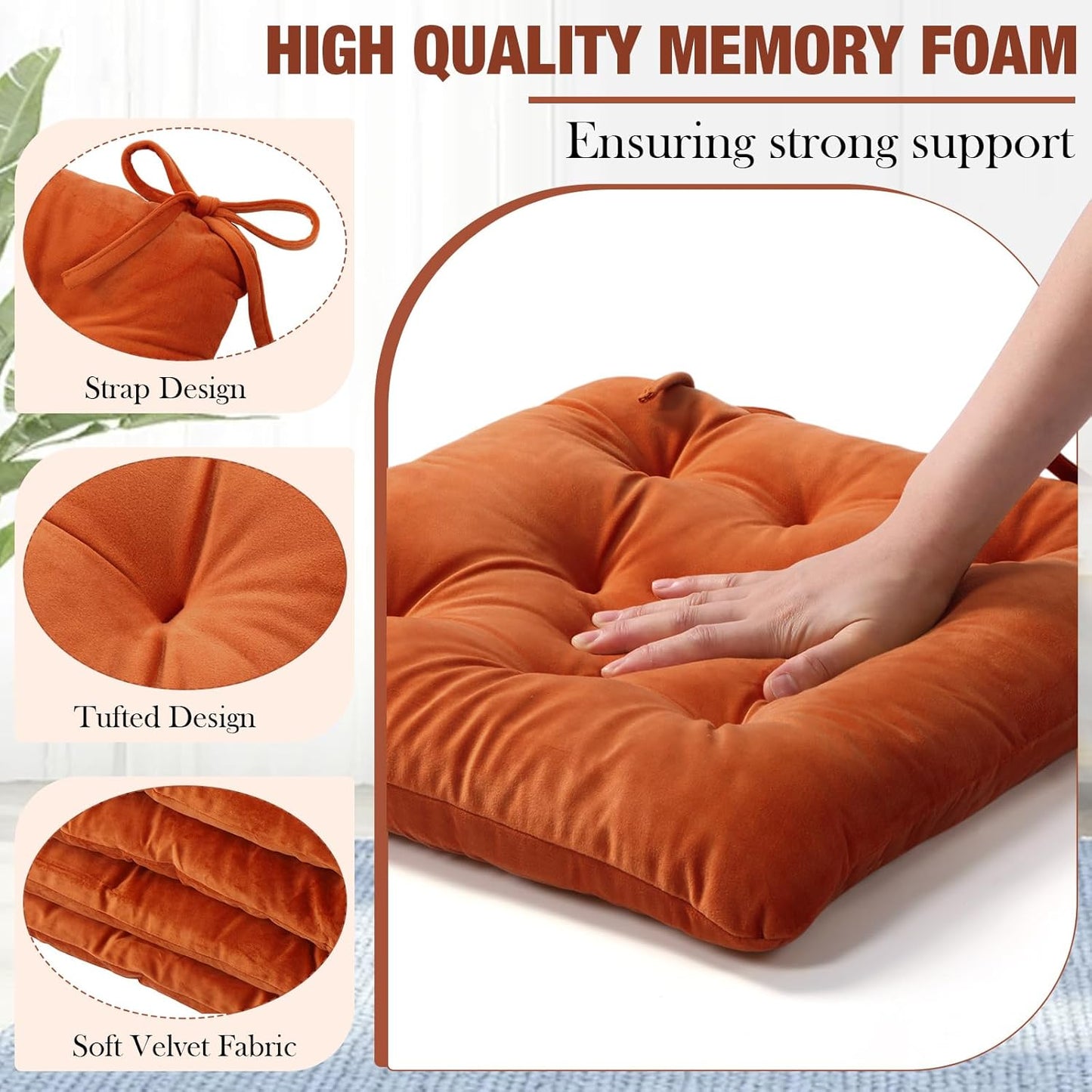 Memory Foam Chair Cushions Set of 4, Thick Indoor Seat Cushions for Dining Chairs Tufted Seat Pads for Kitchen, Dining Room, Office, (Orange,15.5"x15.5"x4") - Image 3