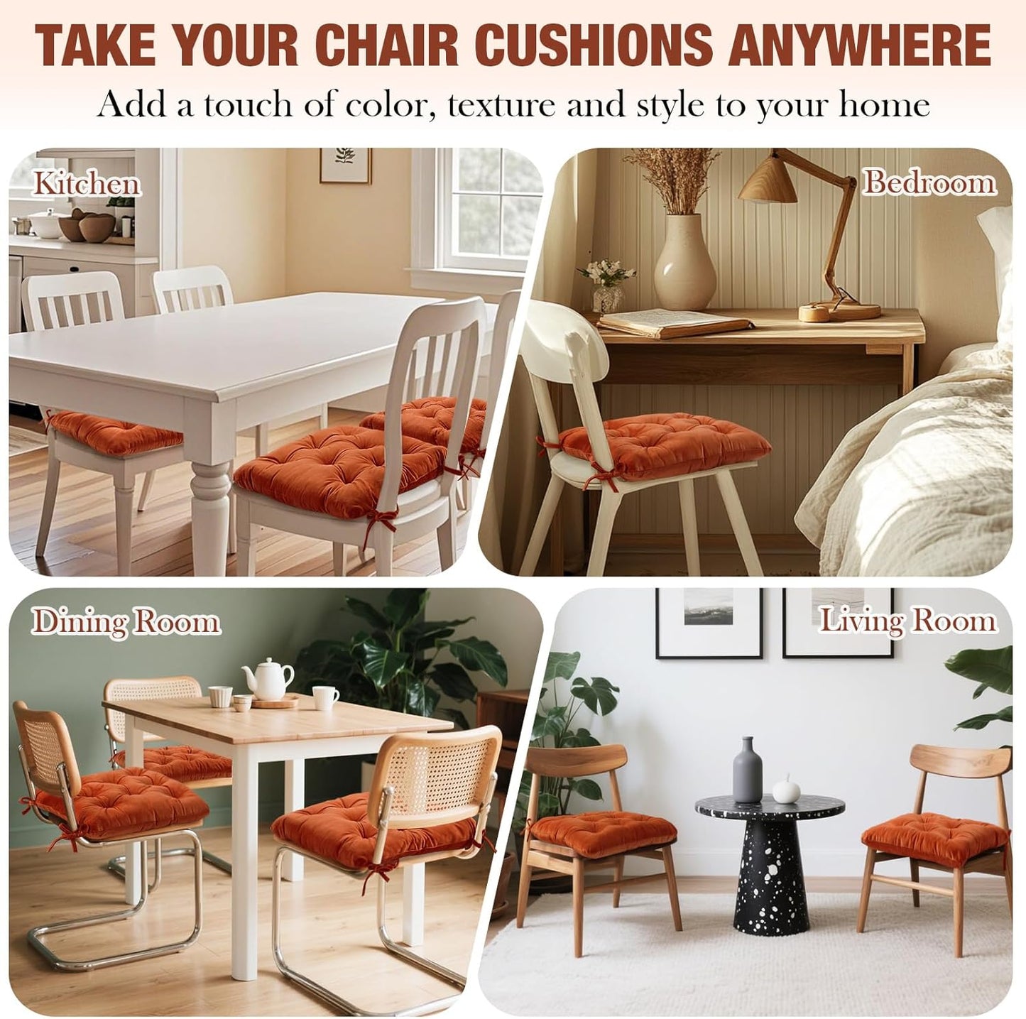 Memory Foam Chair Cushions Set of 4, Thick Indoor Seat Cushions for Dining Chairs Tufted Seat Pads for Kitchen, Dining Room, Office, (Orange,15.5"x15.5"x4") - Image 4