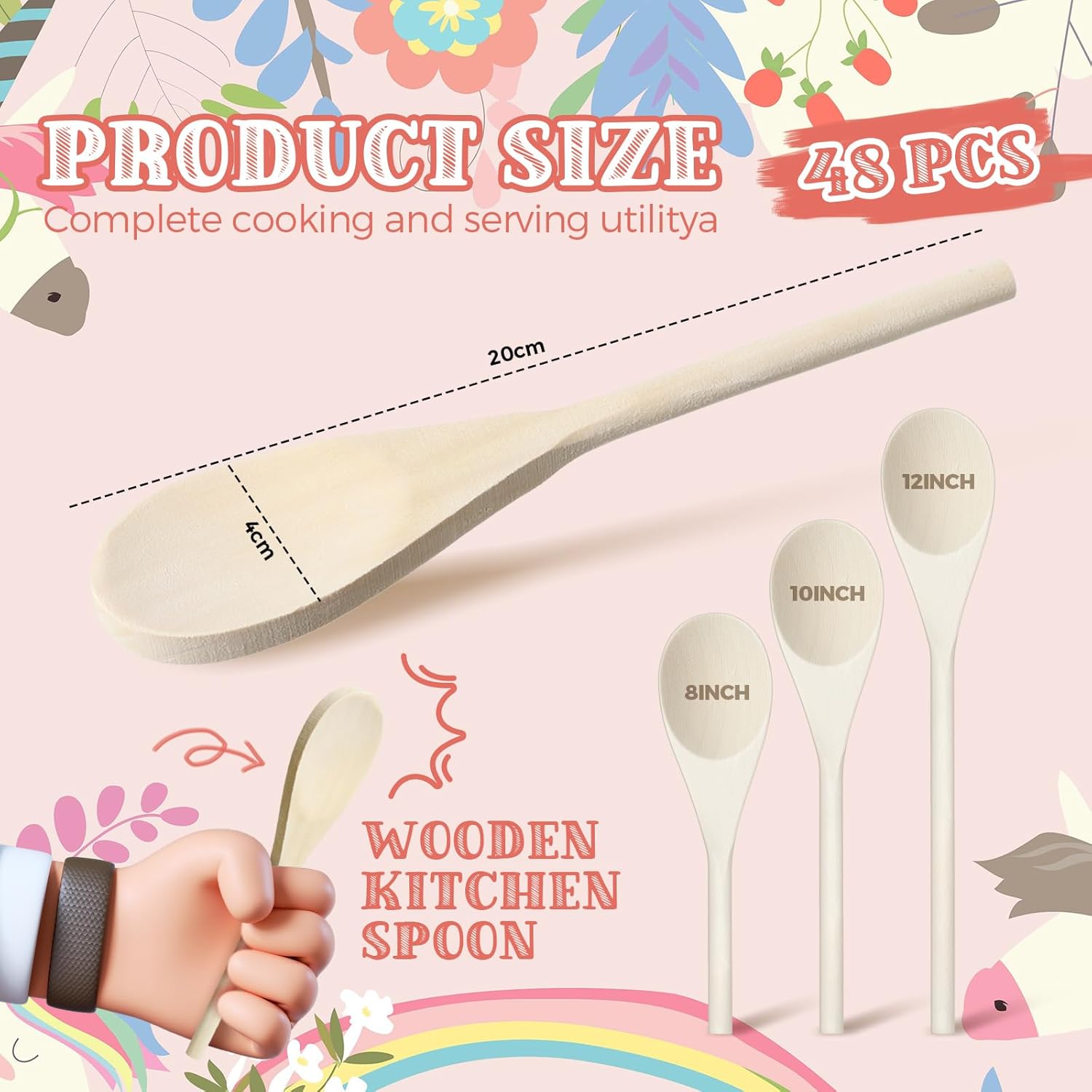 48 Pcs 8, 10, 12 Inch Wooden Spoons Gifts for Mom Oval Wooden Cooking Spoons Set Wood Serving Spoon Sauce Soup Stirring Ladle for Kitchen Cooking Baking Stirring Eating Tasting Cookware - Image 2