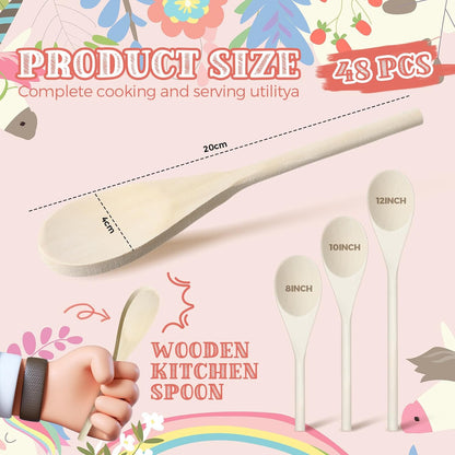 48 Pcs 8, 10, 12 Inch Wooden Spoons Gifts for Mom Oval Wooden Cooking Spoons Set Wood Serving Spoon Sauce Soup Stirring Ladle for Kitchen Cooking Baking Stirring Eating Tasting Cookware - Image 2