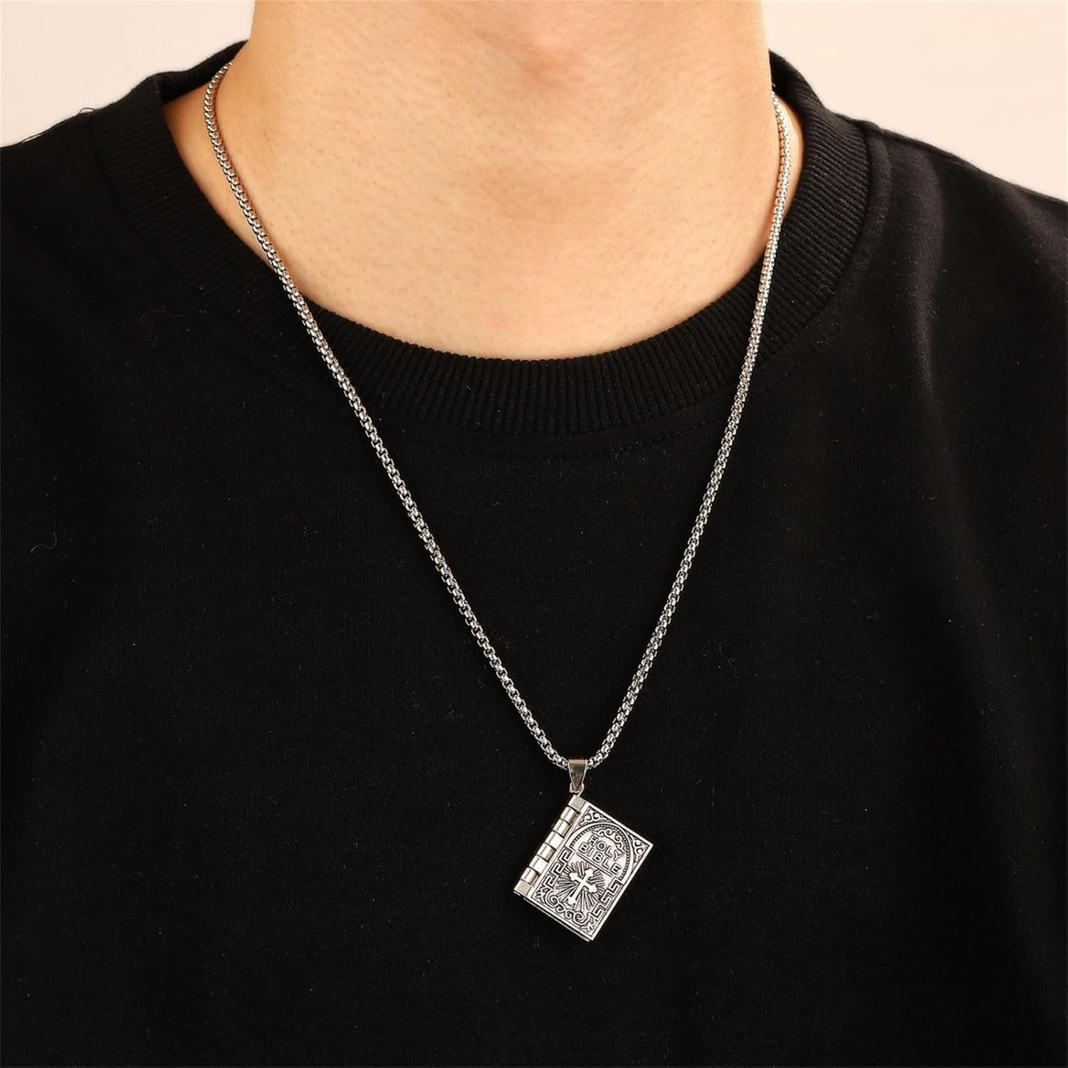 2PCS Holy Bible Book Pendant Necklace for Women Men Fashion Retro Scripture Miniature Readable Bible Openable Prayer Verse Adjustable Chain Necklace Christmas Charm Jewelry - Image 2