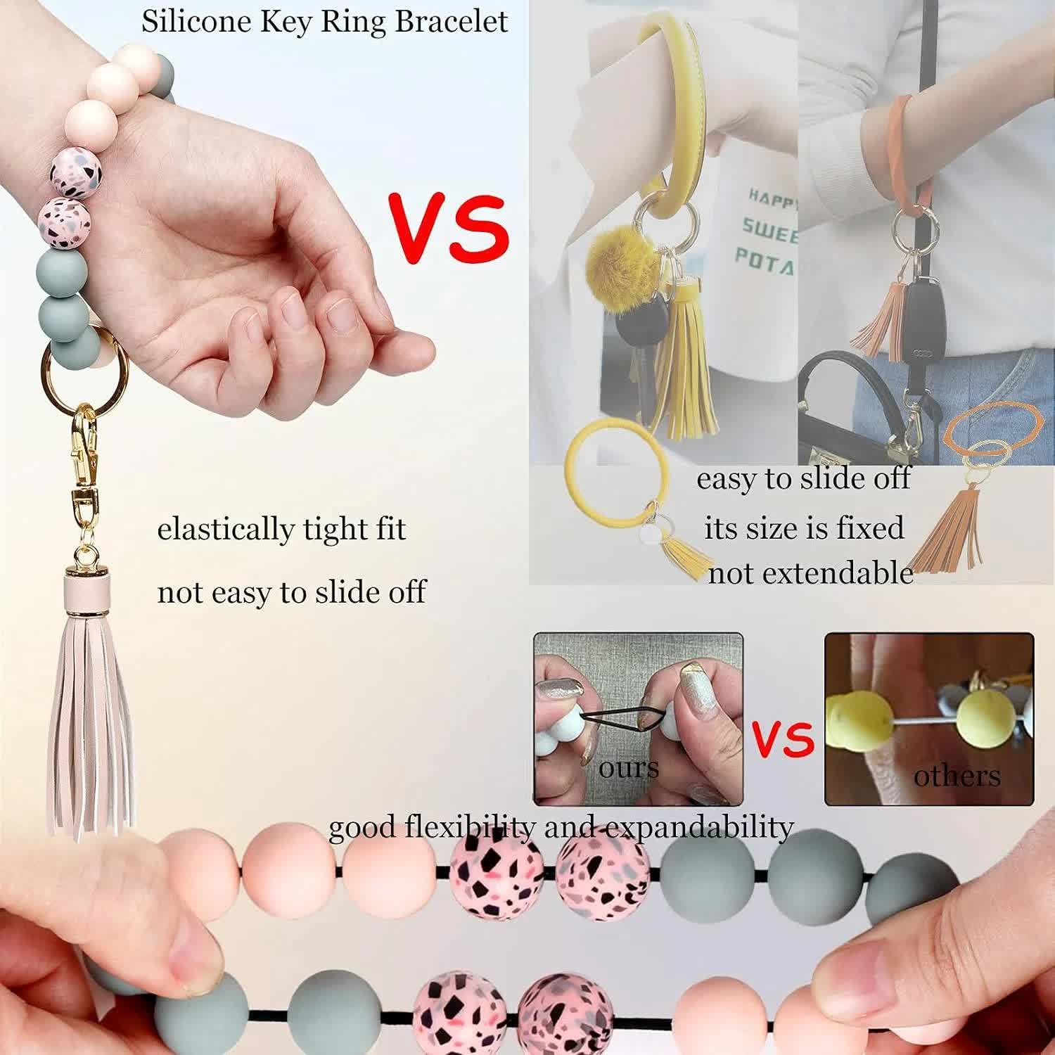 Key Ring Bracelet Car Keychain Holder Wristlet Silicone Women Beaded Bangle Chains - Image 4